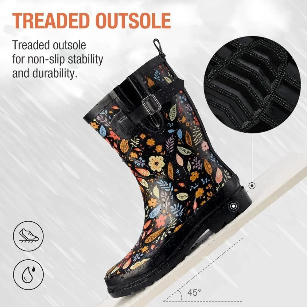 Women's Fashionable Waterproof Garden Mud Rubber Rain Flower Leaves Black Boots - Picture 4 of 8